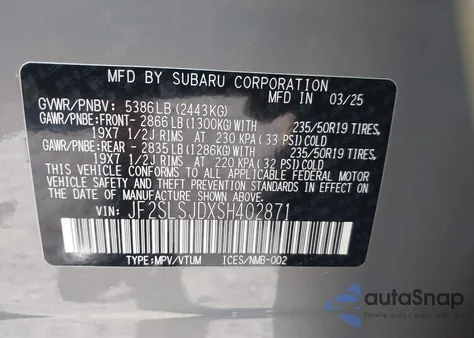 2025 Subaru Forester Hybrid Sport z USA, uszkodzony, nr VIN JF2SLSJDXSH402871